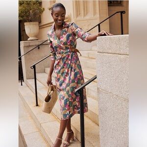 NWT J. McLaughlin Colorful Patterned belted wrap Midi Dress geometric harmony S